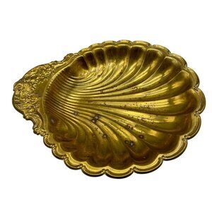 Brass Shell-Shaped Decorative Dish Ornate Mid Century Modern Platter Bowl READ
